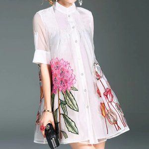 NWoT Lady Ribbon Embroidered Floral Layered Shirt Mini Dress Button White